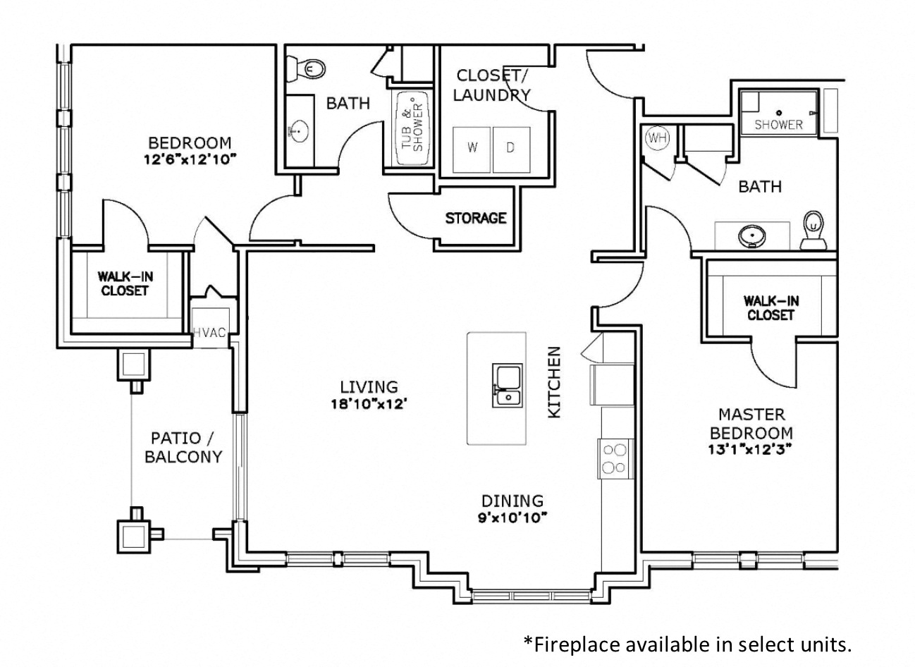 Floor plan for 2 beds, 2 baths, 1349 sqft
